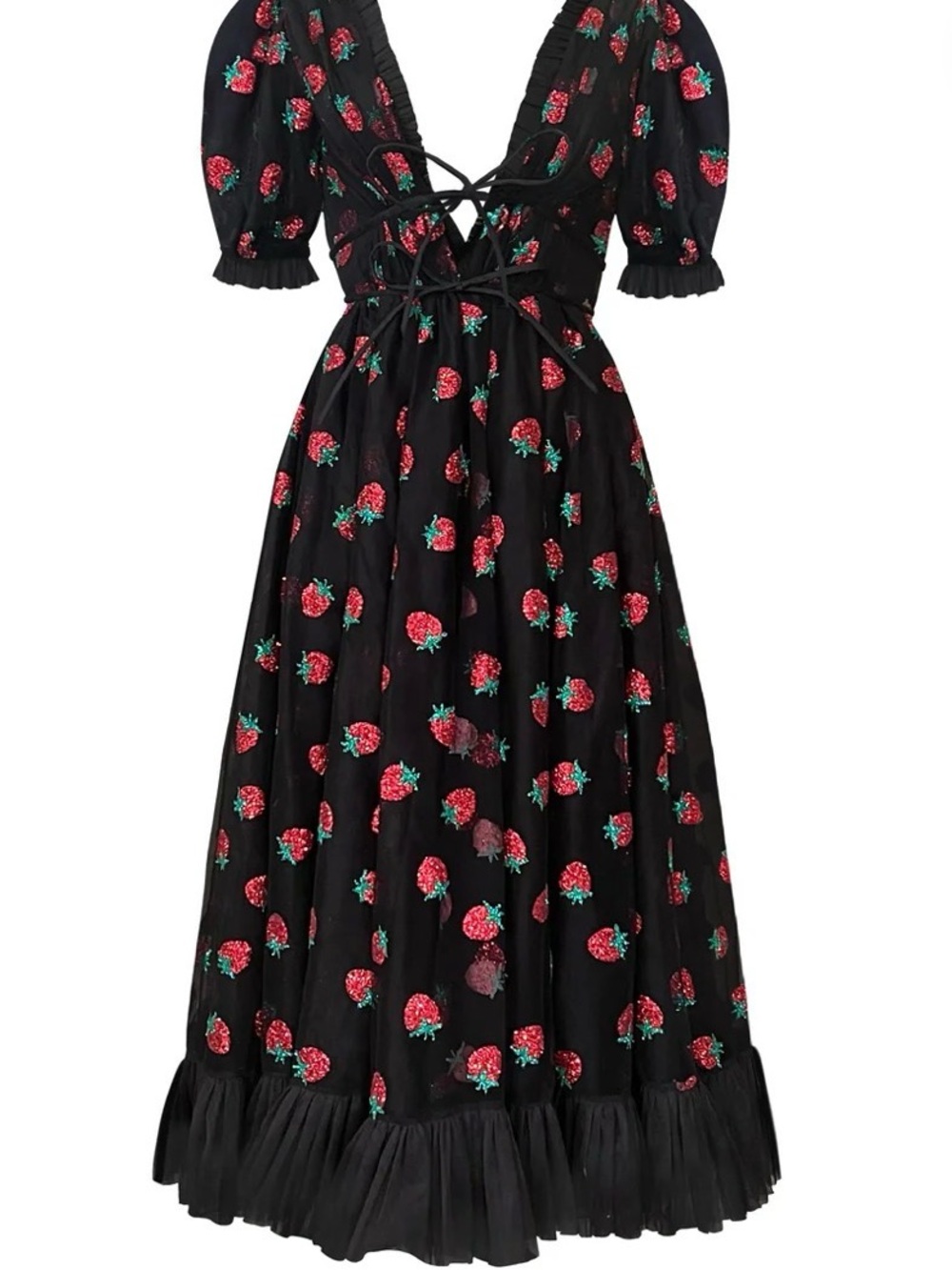 Liraka Matoshi Black Strawberry-Print Puff Sleeve Midi Dress